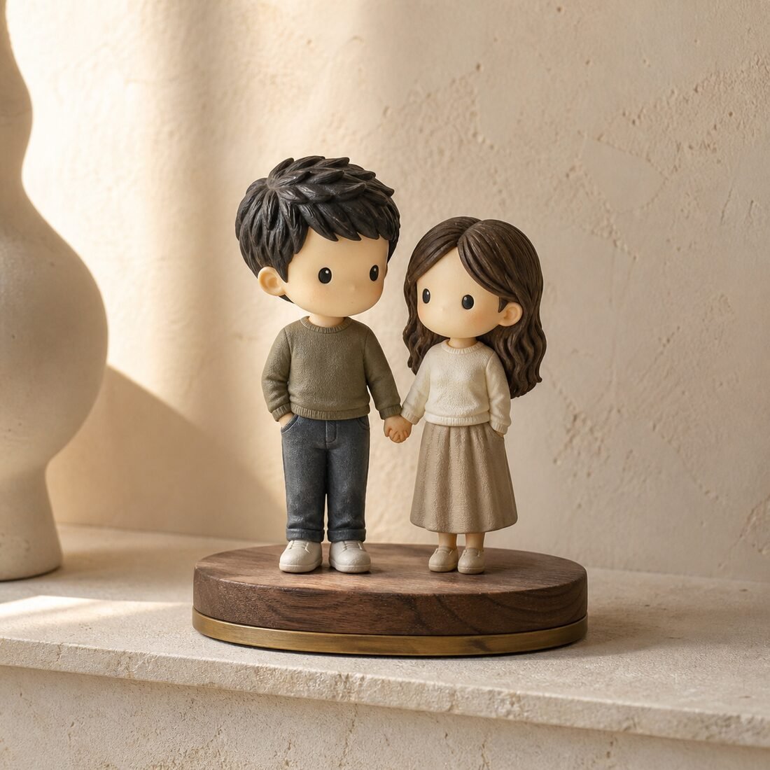 Two small hand-finished character figures standing together on a walnut base
