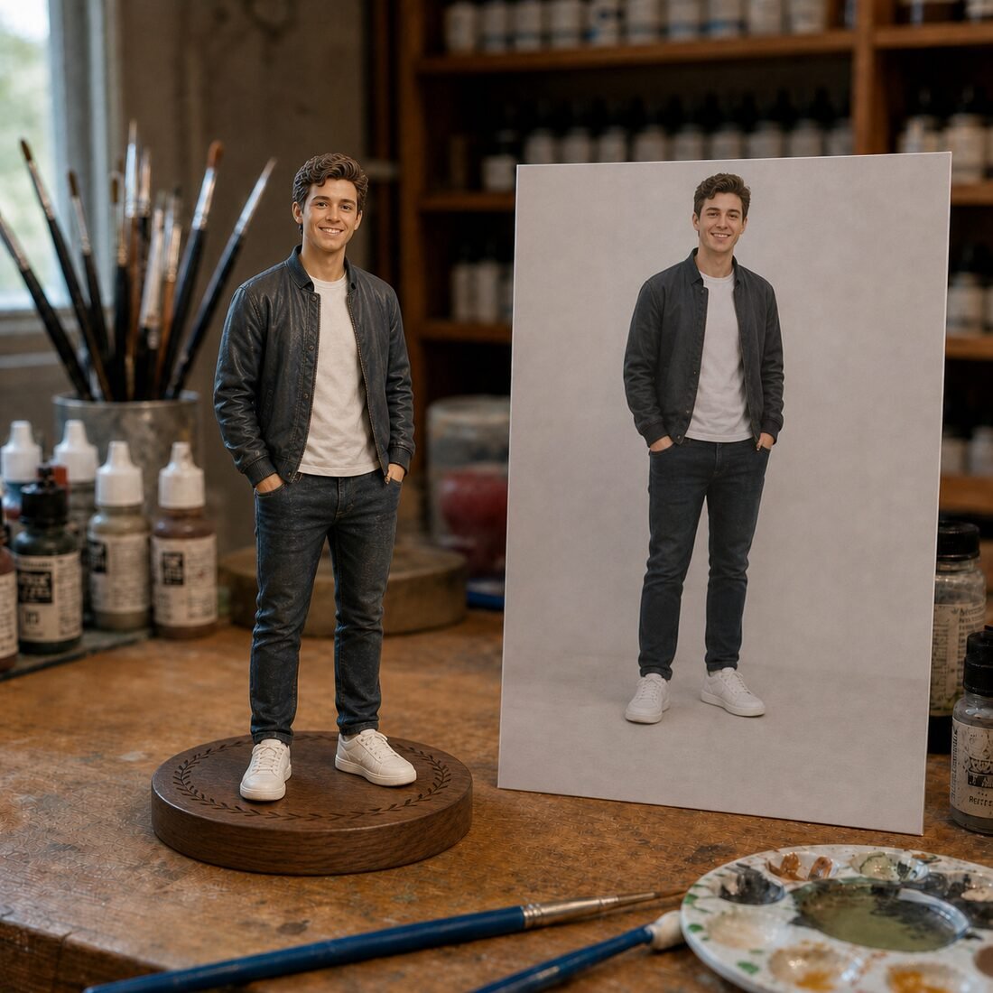 A full-colour mini-me figure on a wooden base beside the photograph it was made from