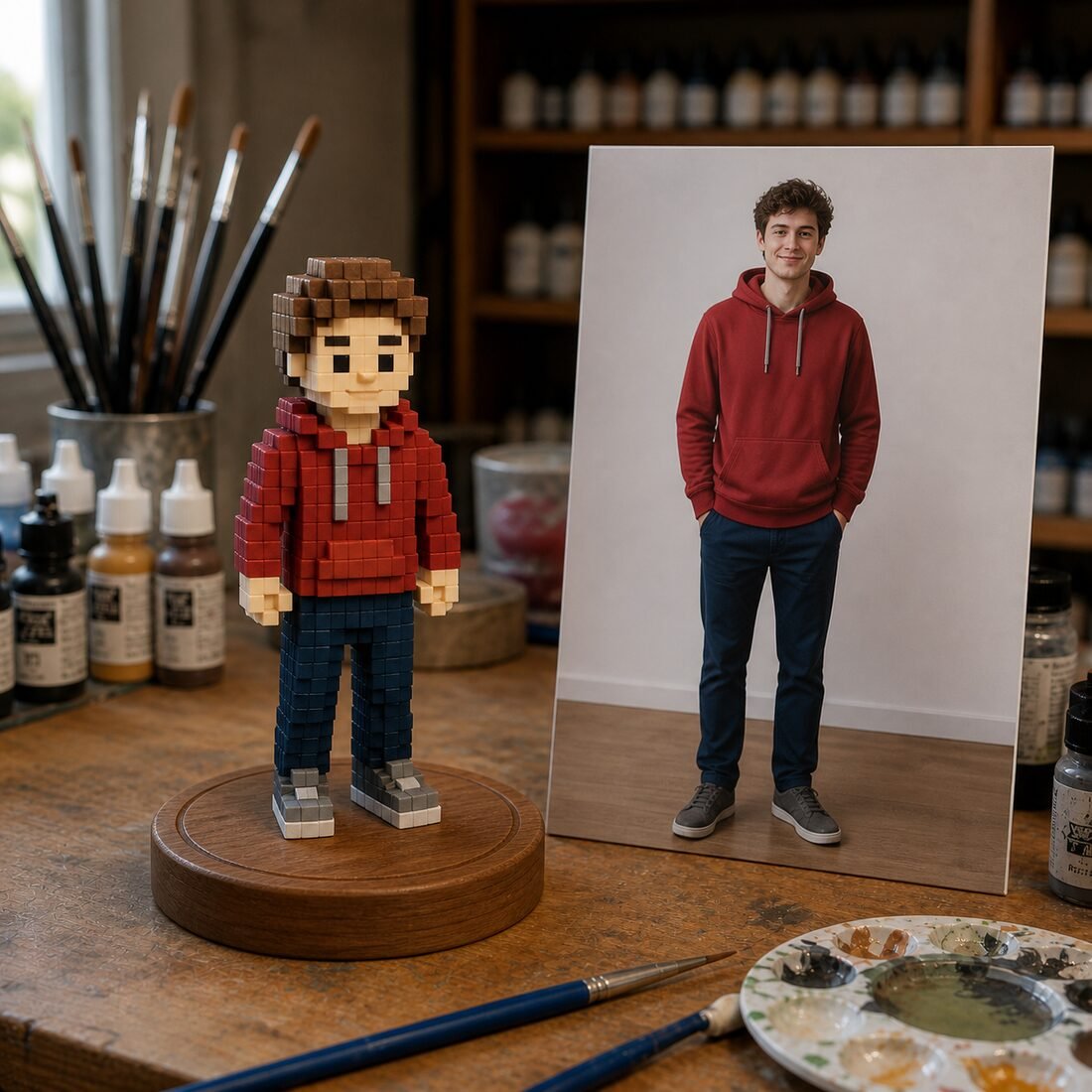 A blocky voxel-style figure on a walnut base beside the photograph it was sculpted from