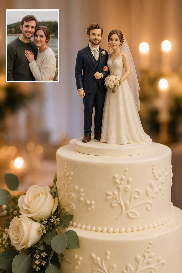 A sculpted bride and groom cake topper standing on a real two-tier wedding cake